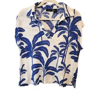 Tahari Blue Palm Leaf Print Linen Short Sleeve Top L 100% Linen Coastal Chic